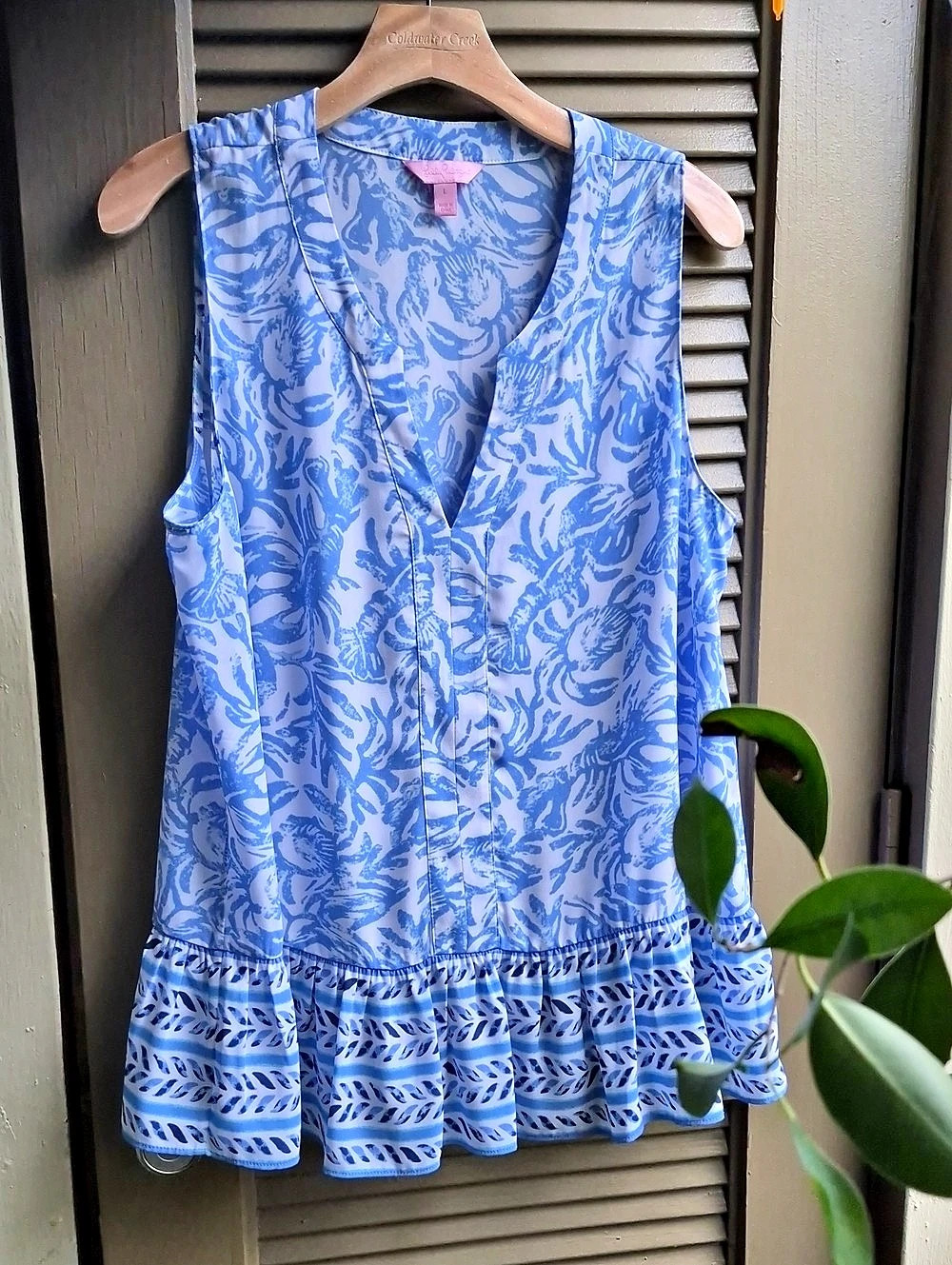 Lilly Pulitzer Womens Floral Ruffle Blouse in Blue & White Size Large Like New